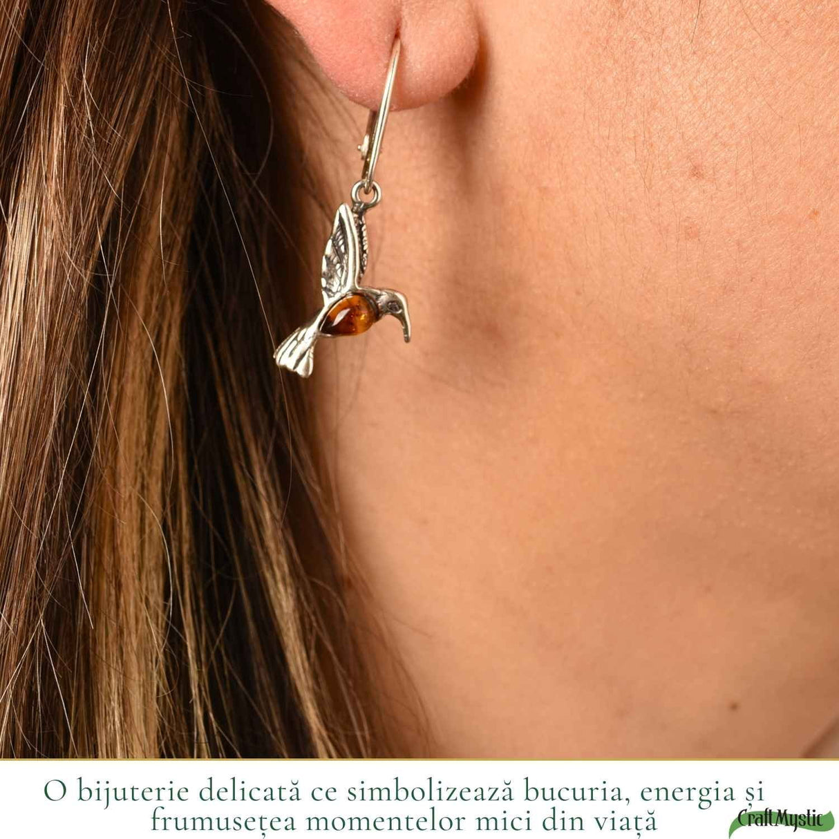 Cercei Argint 925 Pasarea Colibri cu Chihlimbar Rosu - Energie, Bucurie si Eleganta Naturală