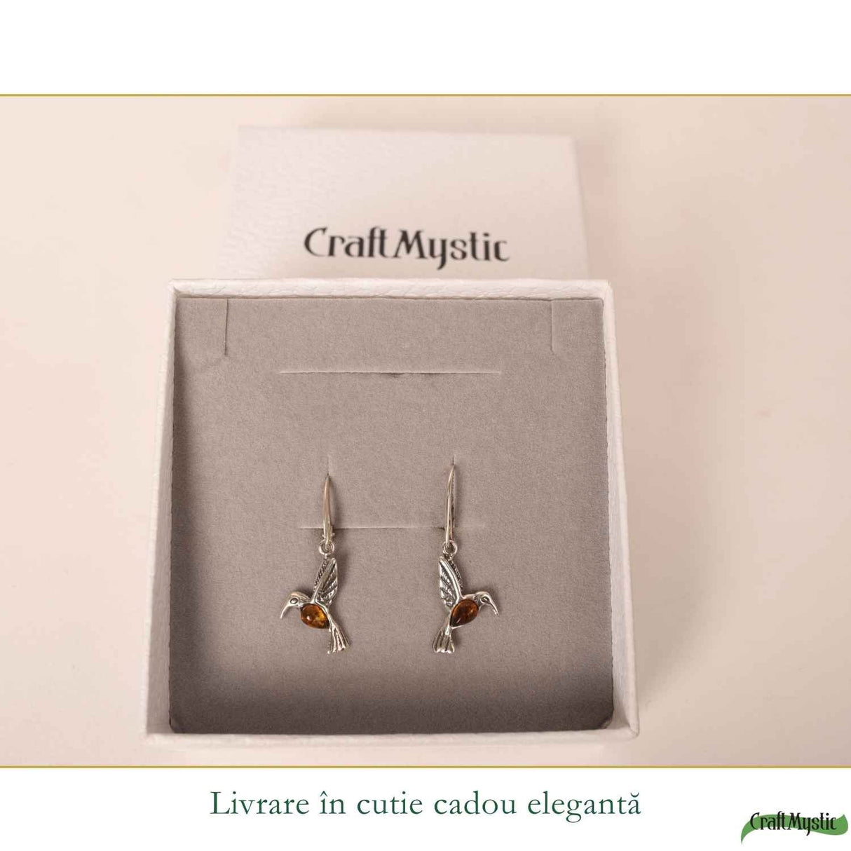 Cercei Argint 925 Pasarea Colibri cu Chihlimbar Rosu - Energie, Bucurie si Eleganta Naturală