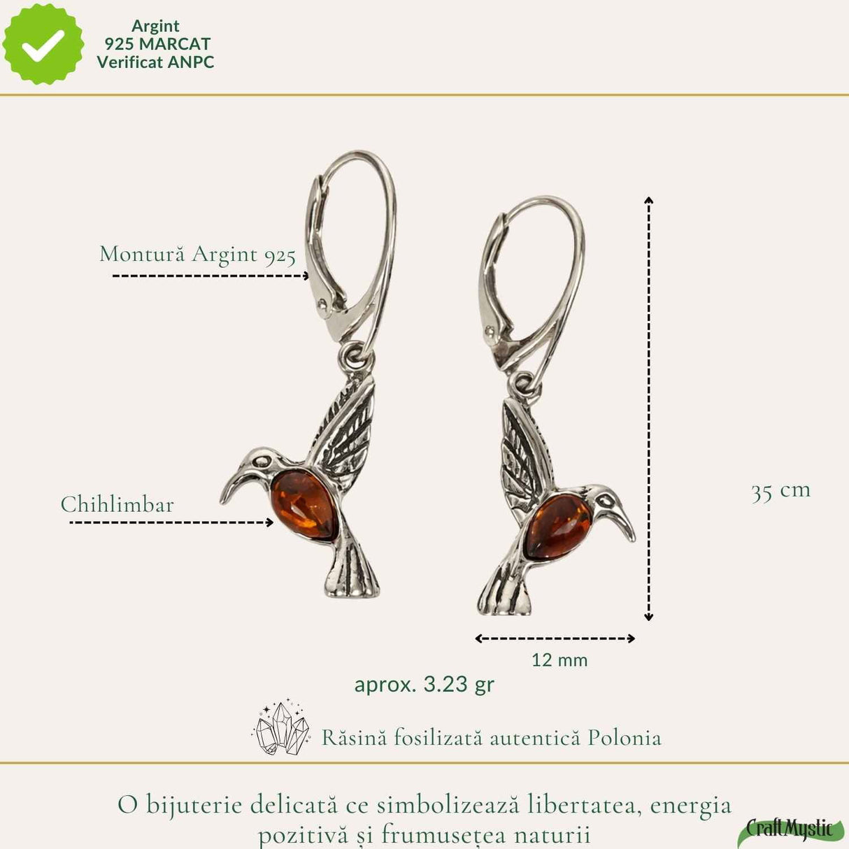 Cercei Argint 925 Pasarea Colibri cu Chihlimbar Rosu - Energie, Bucurie si Eleganta Naturală