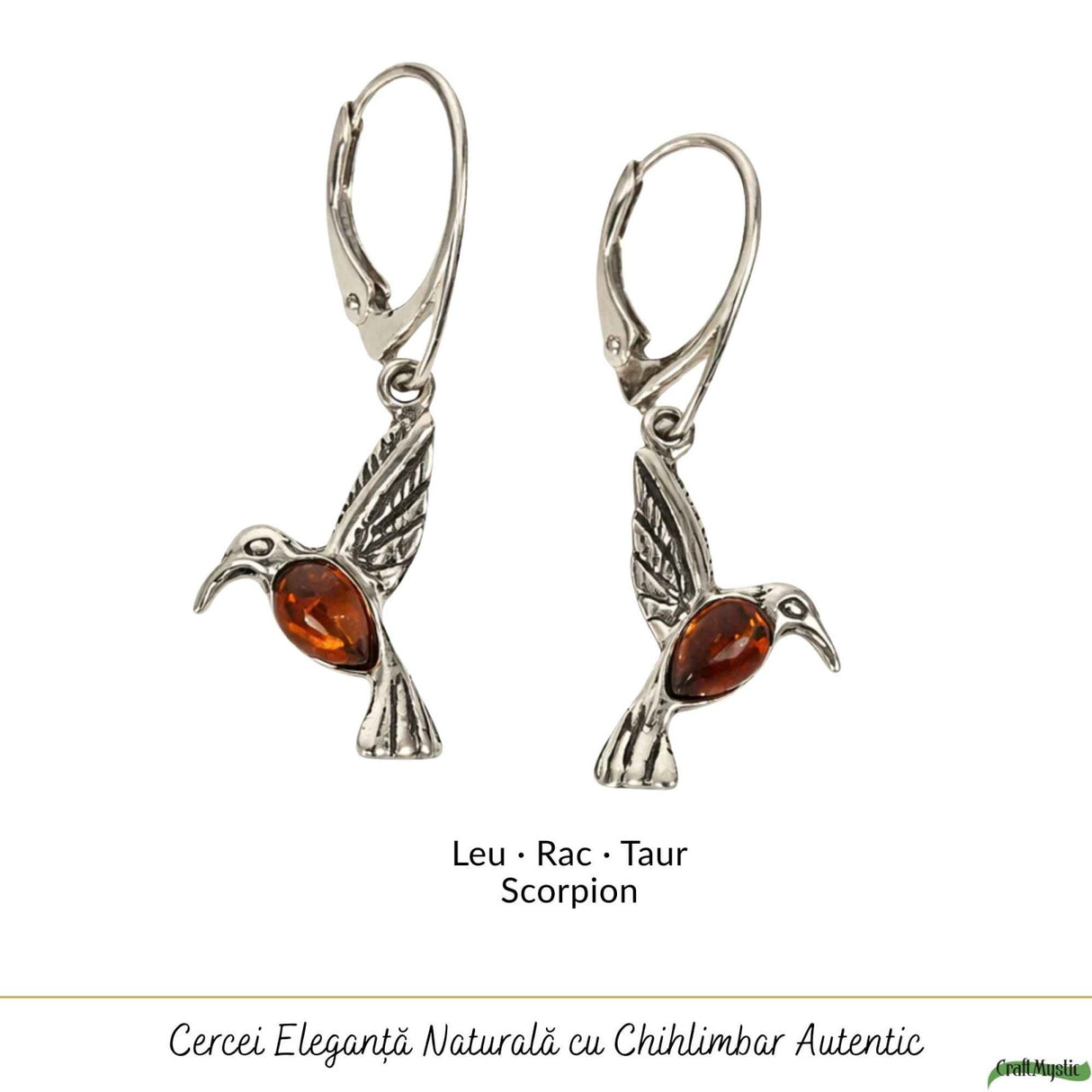 Cercei Argint 925 Pasarea Colibri cu Chihlimbar Rosu - Energie, Bucurie si Eleganta Naturală