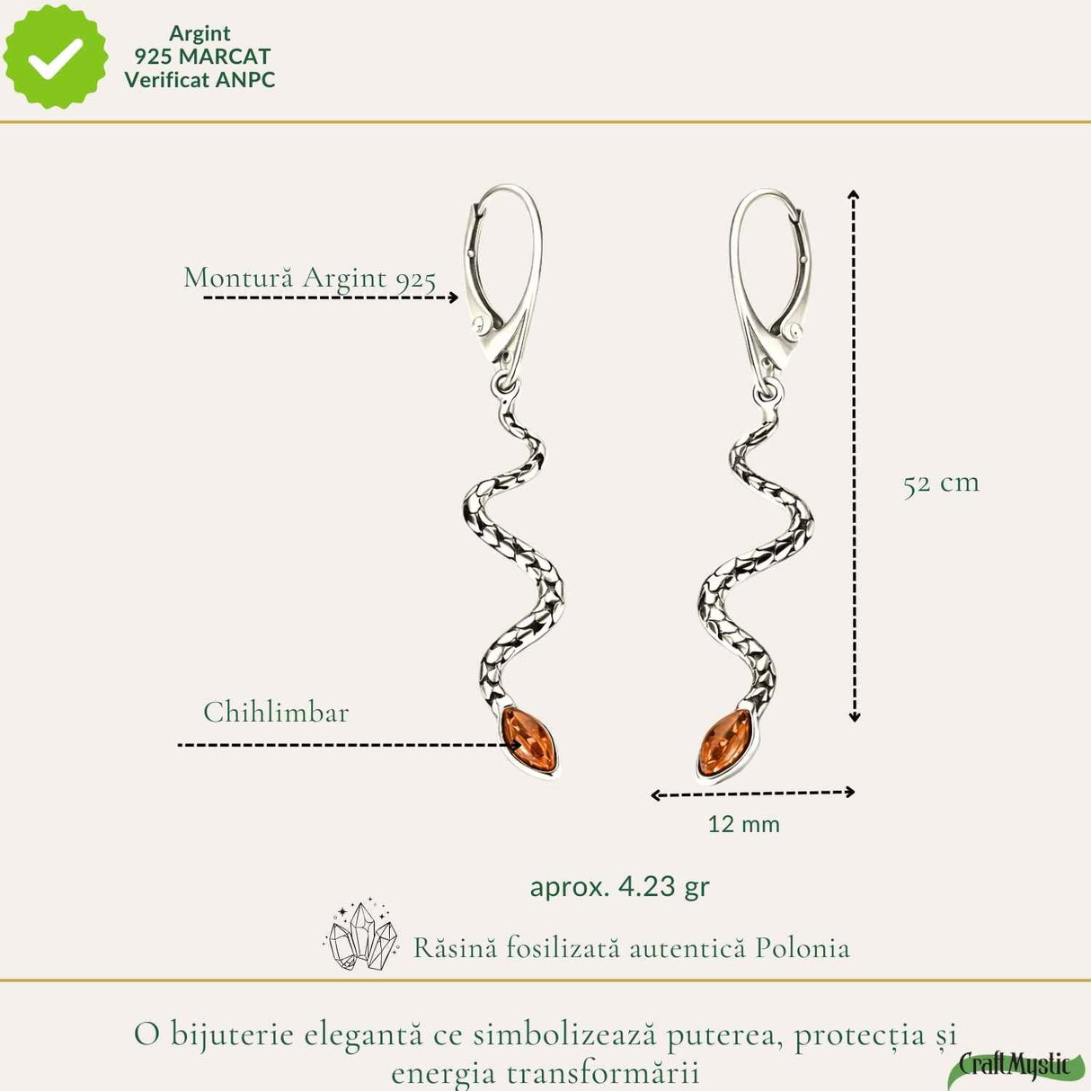 Cercei Argint 925 Sarpe cu Chihlimbar - Transformare, Energie si Eleganta