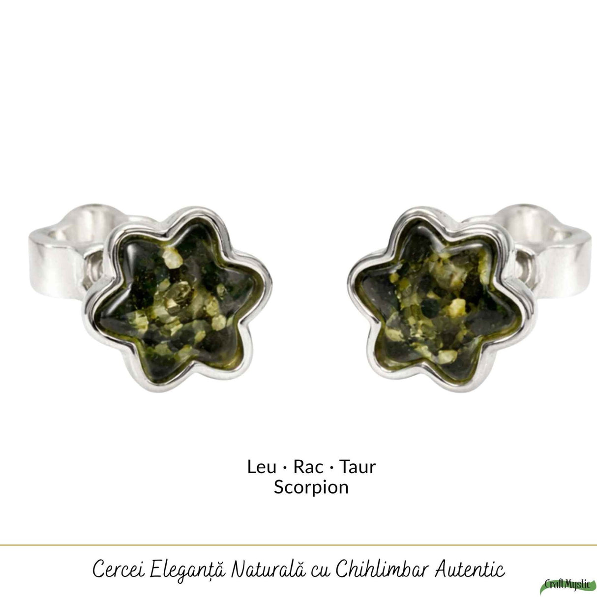 Cercei Argint 925 Stea cu Chihlimbar Verde - Energie, Inspirtie si Eleganta