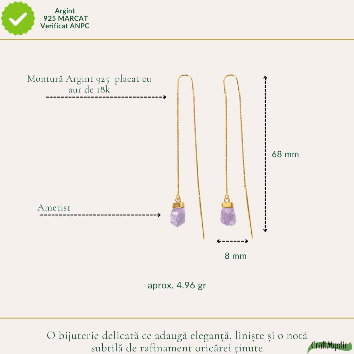 Cercei Argint 925 Placat Aur 18K cu Ametist Brut pe Lant – Calm, Claritate si Eleganta