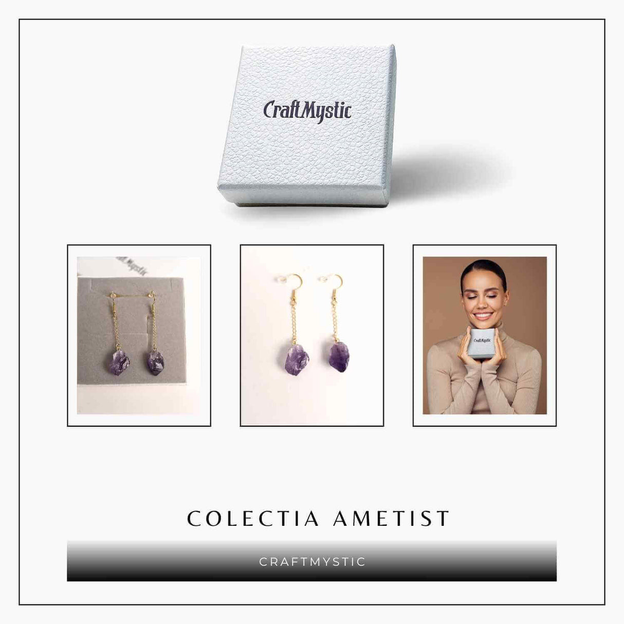 Cercei Aurii model cu Lant si Ametist Brut, Eleganta si Calm Interior