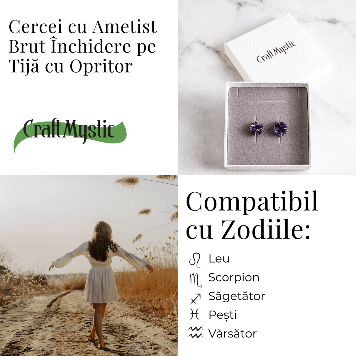 Cercei cu Cristal de Ametist Druzy - Inchidere pe Tija cu Opritor