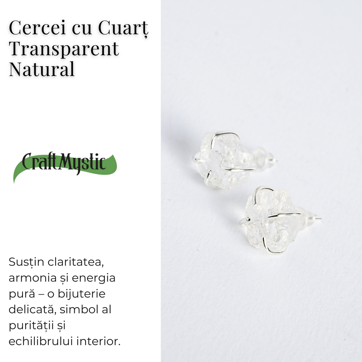 Cristalul puritatii - Cercei stud argintii cu cuart transparent natural