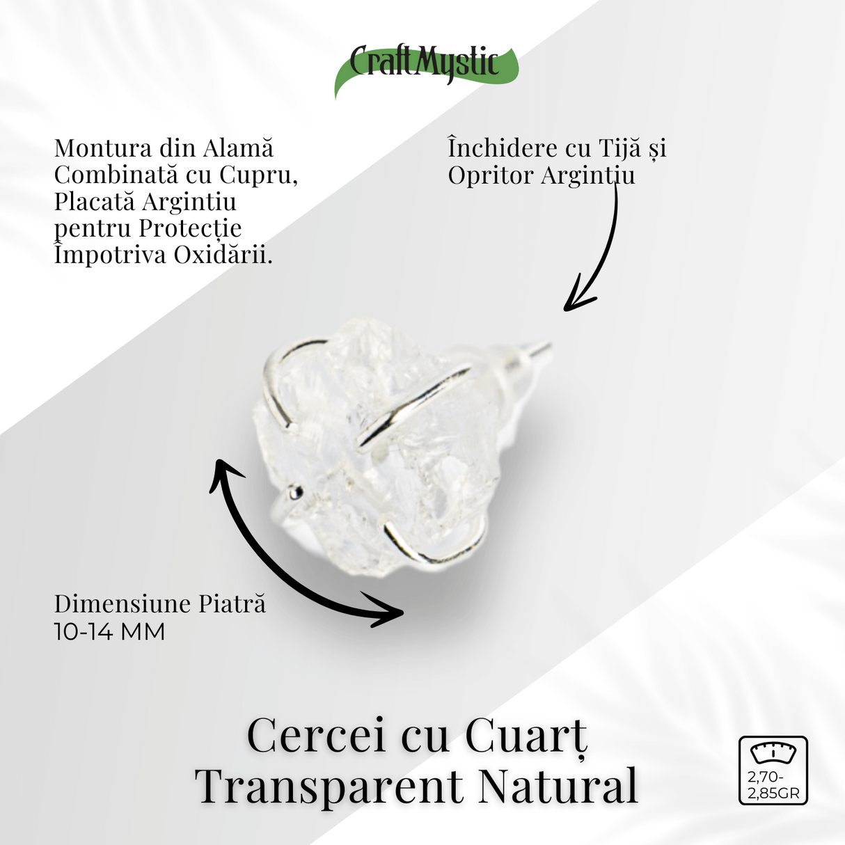 Cristalul puritatii - Cercei stud argintii cu cuart transparent natural