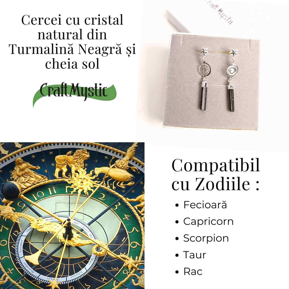 Cercei Argintii cu Turmalina, Cheia Sol si Stea, Protectie si Eleganta Unica