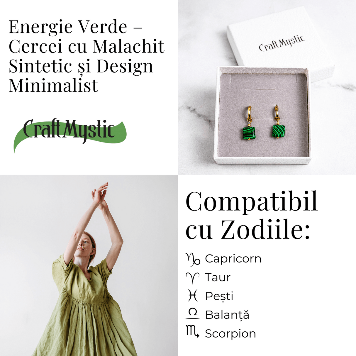 Energie Verde - Cercei cu Malachit Sintetic si Design Minimalist