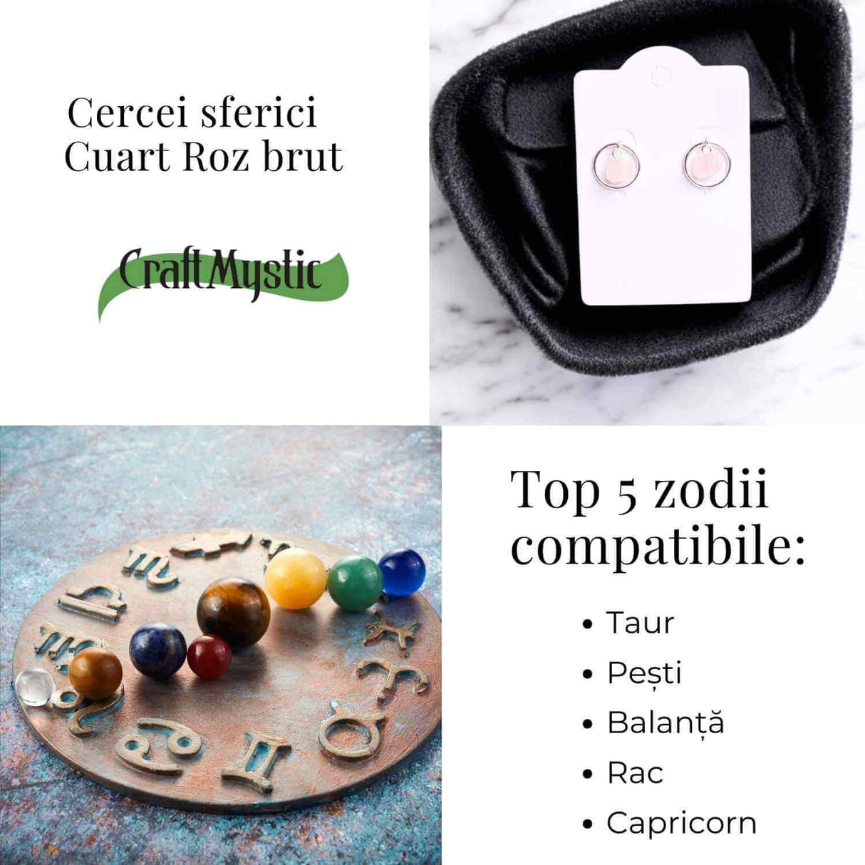 Cercei model sferic cu Cuart Roz - Iubire si Vindecare Emoționala