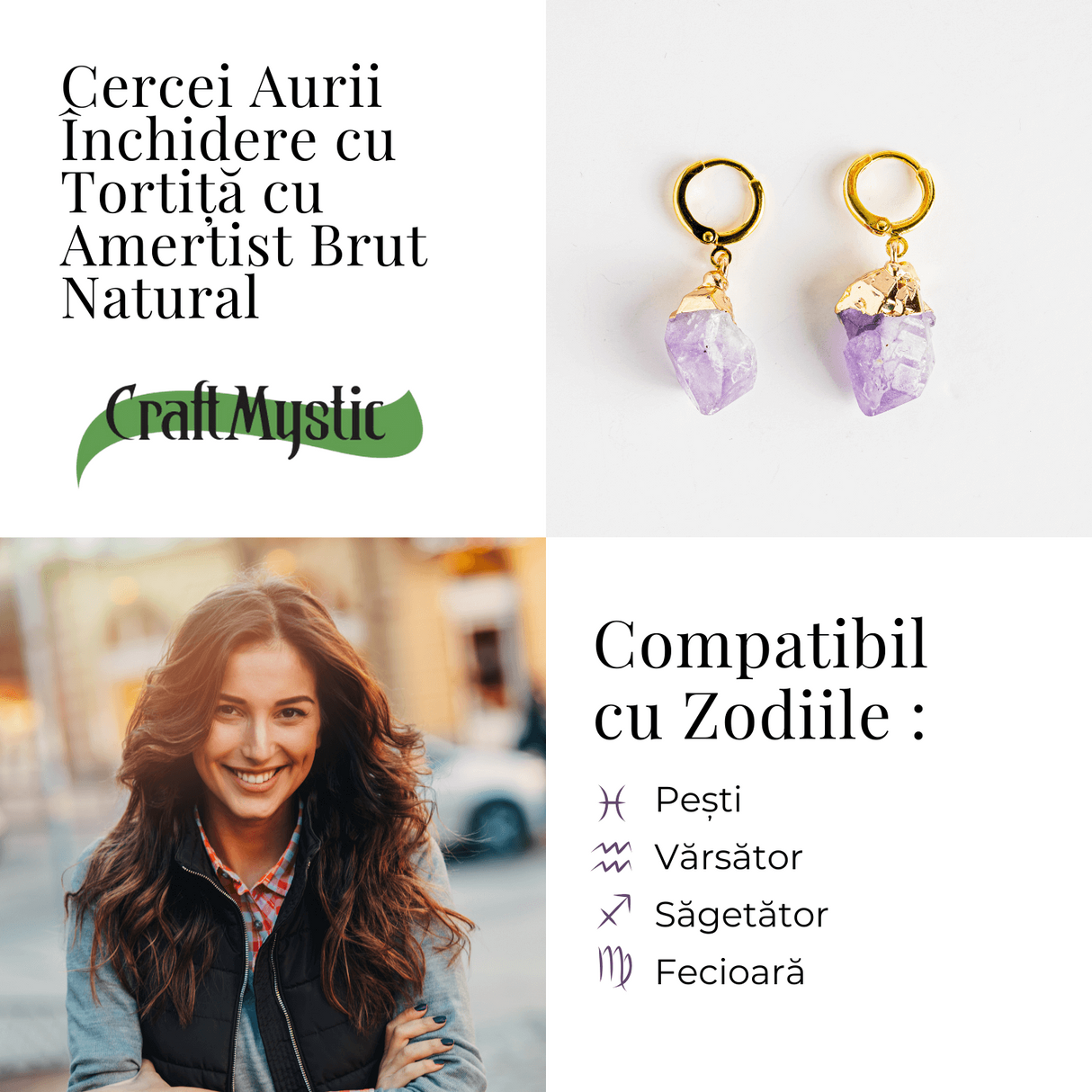 Cercei Aurii cu Ametist Brut Natural -Energie si Echilibru