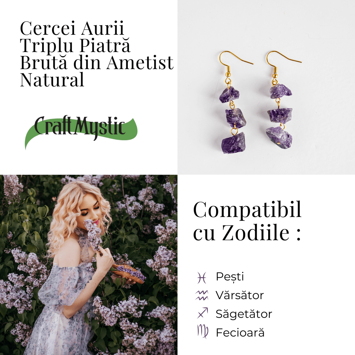 Cercei Aurii cu Triplu Piatra Ametist Brut Natural - Energie, Stil si Unicitate