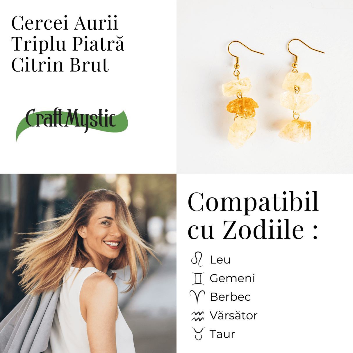 Cercei Aurii cu Triplu Piatra de Citrin Brut - Putere si Energie Pozitiva