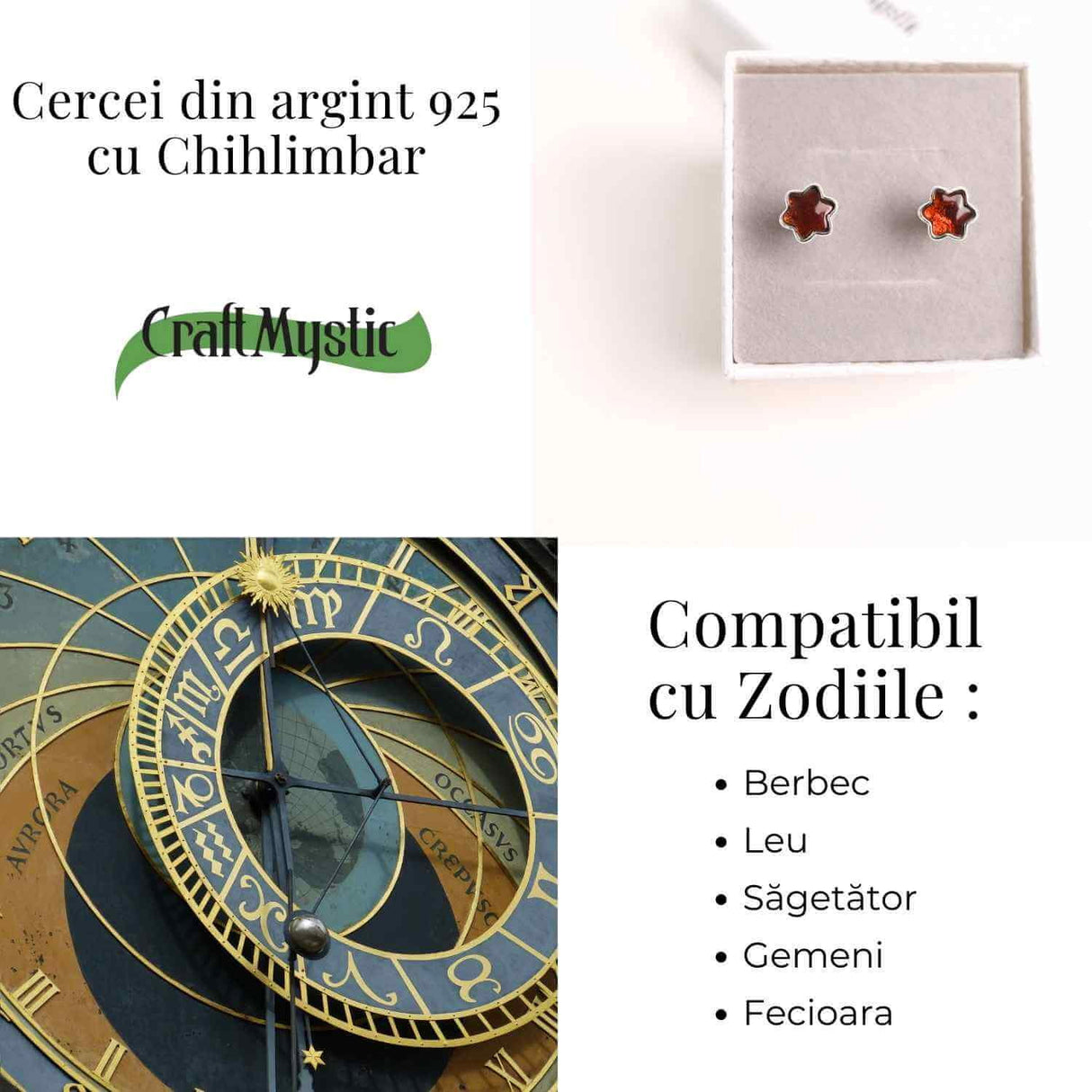 Cercei Steluta din argint 925 cu Chihlimbar Natural Maro - Protectie si Eleganta