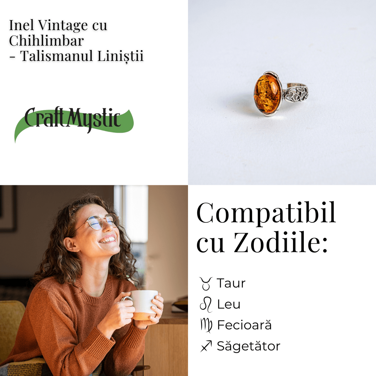 Talismanul linistii - Inel vintage cu chihlimbar si detalii din argint 925