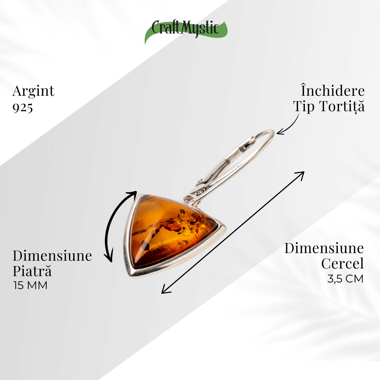 Cercei Argint 925 cu Chihlimbar Natural Triunghi - Protectie, Lumina si Echilibru