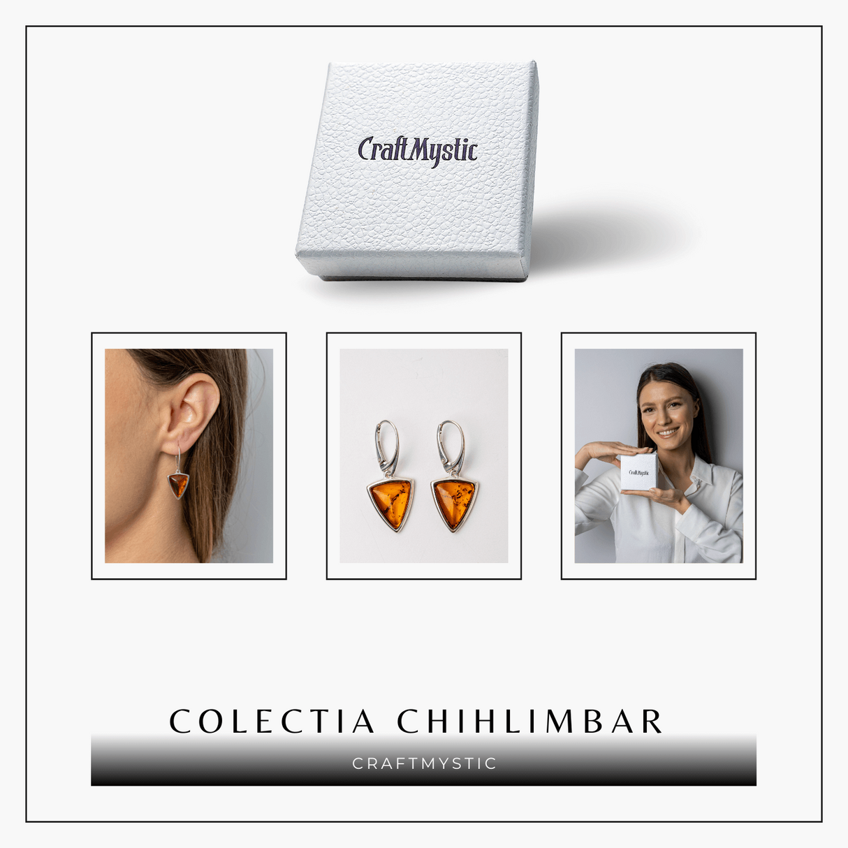 Cercei Argint 925 cu Chihlimbar Natural Triunghi - Protectie, Lumina si Echilibru