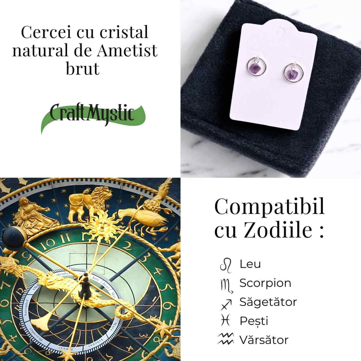 Cercei model sferic cu Ametist Brut - Calm si Claritate Spirituala