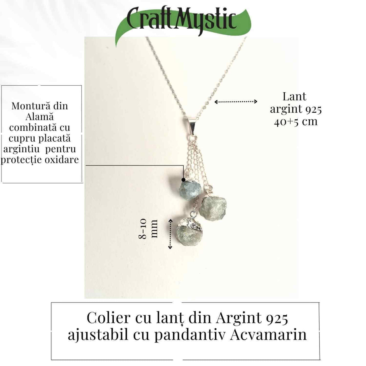 Colier cu lant argint 925 si pandantiv argintiu cu 3 pietre de Acvamarin - Calm si Eleganta