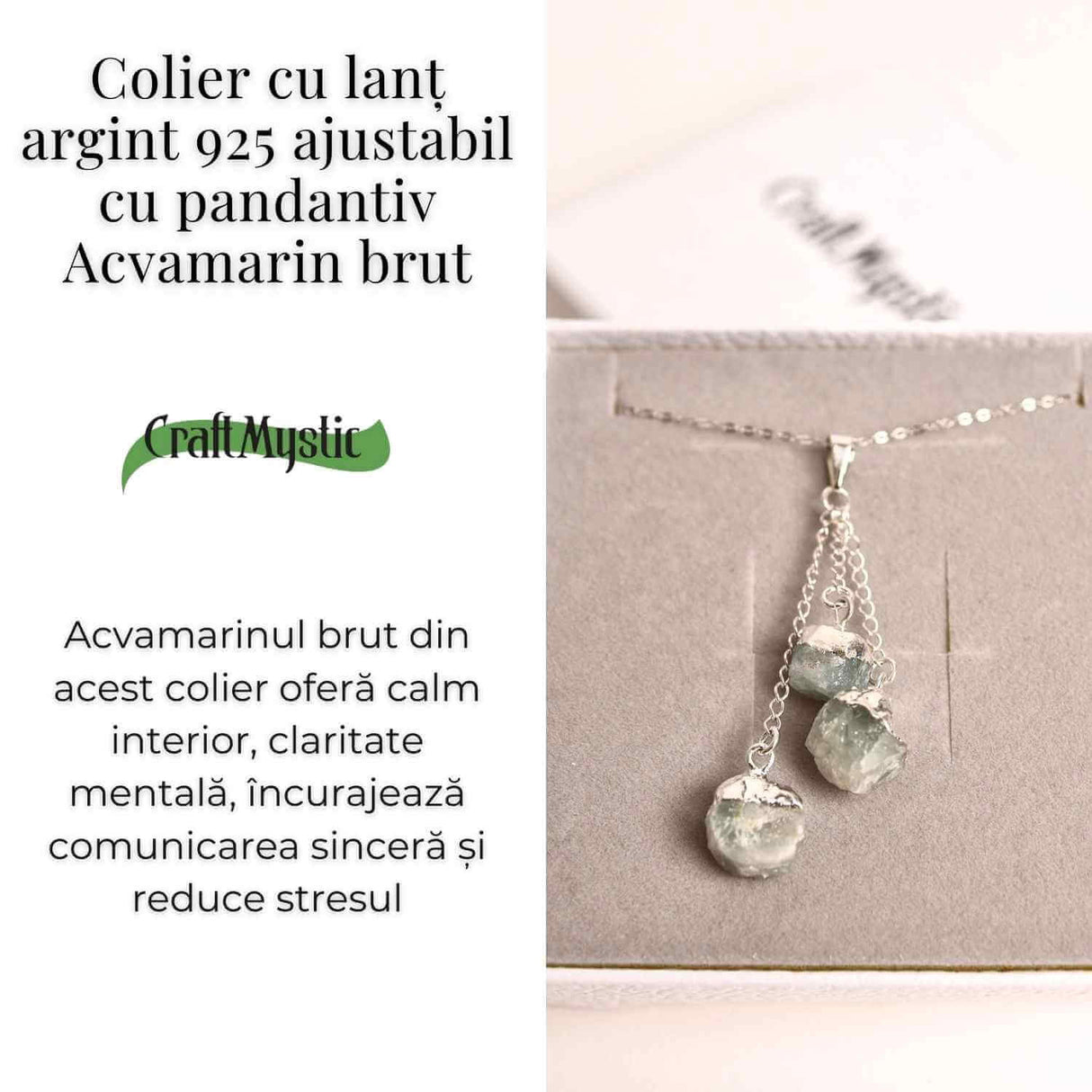 Colier cu lant argint 925 si pandantiv argintiu cu 3 pietre de Acvamarin - Calm si Eleganta
