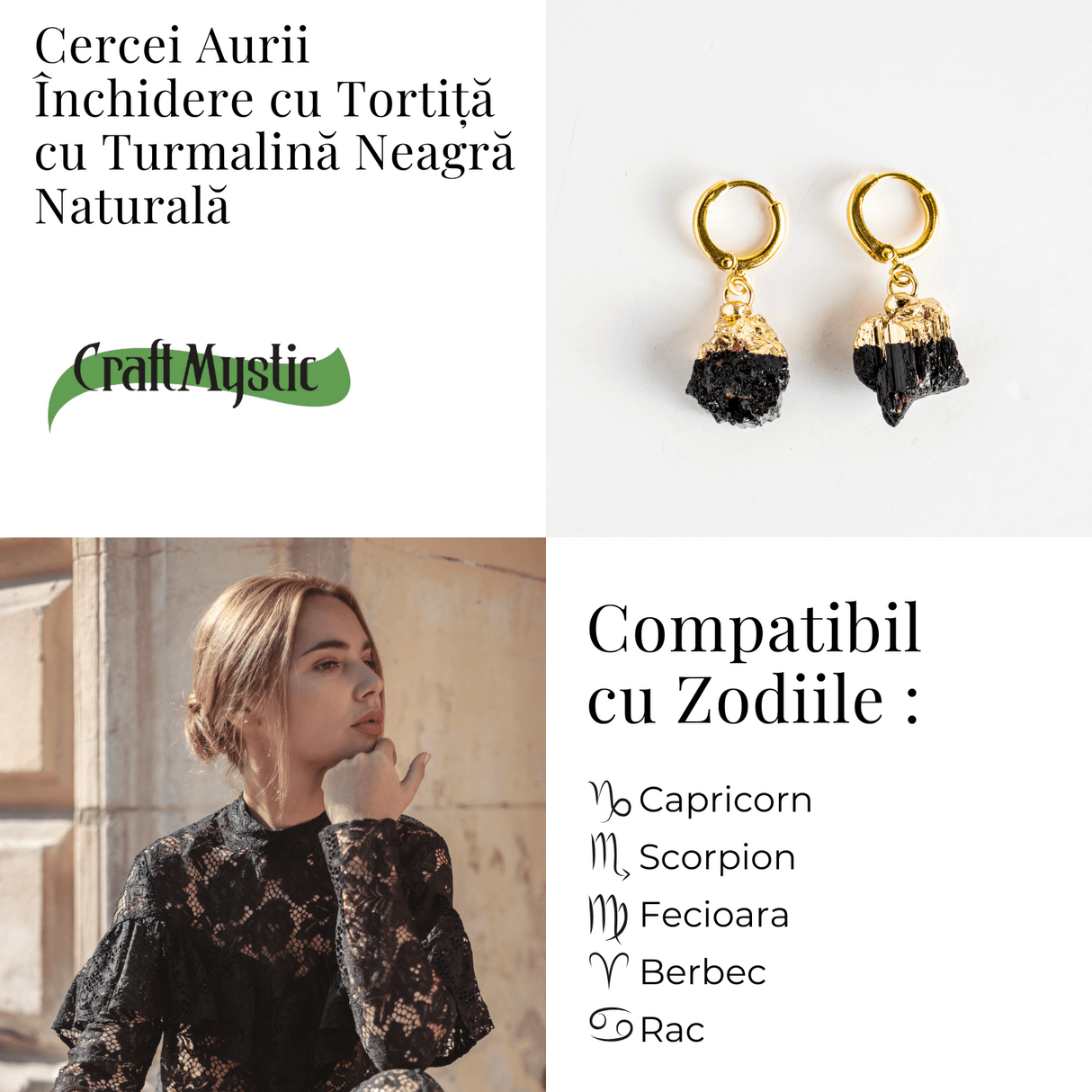 Cercei Aurii cu Turmalina Bruta Naturala - Protectie Energetica