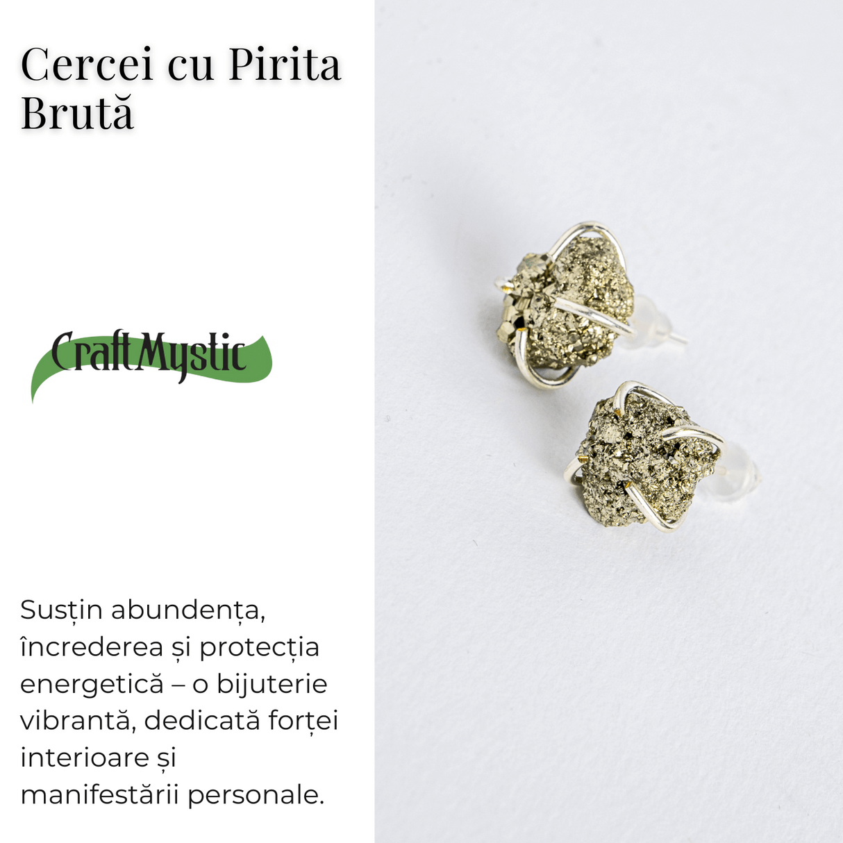 Cercei argintii cu Pirita bruta - Abundenta, incredere si protectie energetica