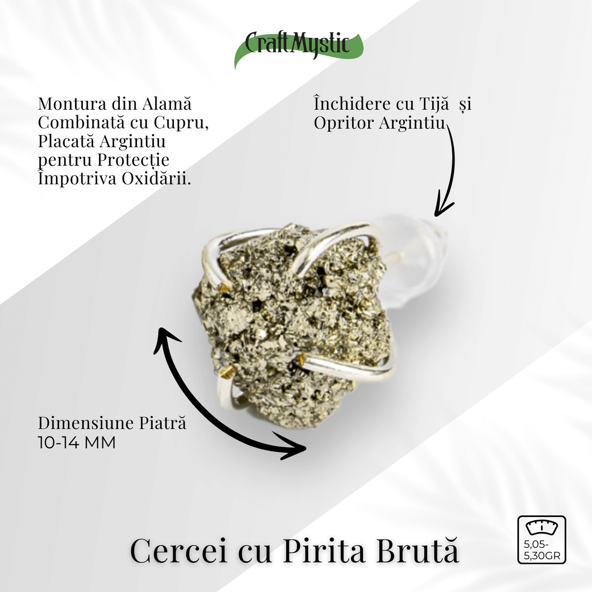 Cercei argintii cu Pirita bruta - Abundenta, incredere si protectie energetica