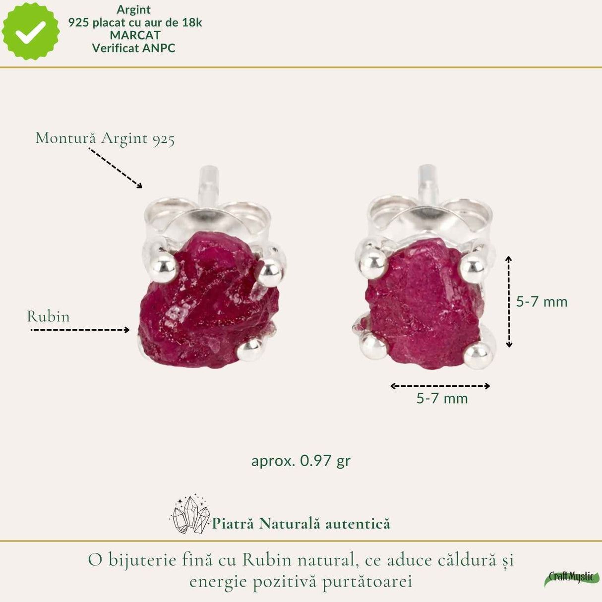 Cercei Argint 925 cu Rubin Brut Natural – Energie, Curaj si Feminitate