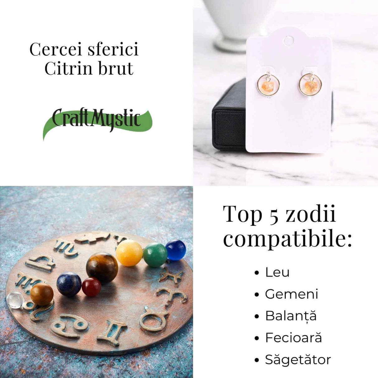 Cercei Sferici cu Citrin Brut - Atrage Energie Pozitiva si Abundenta