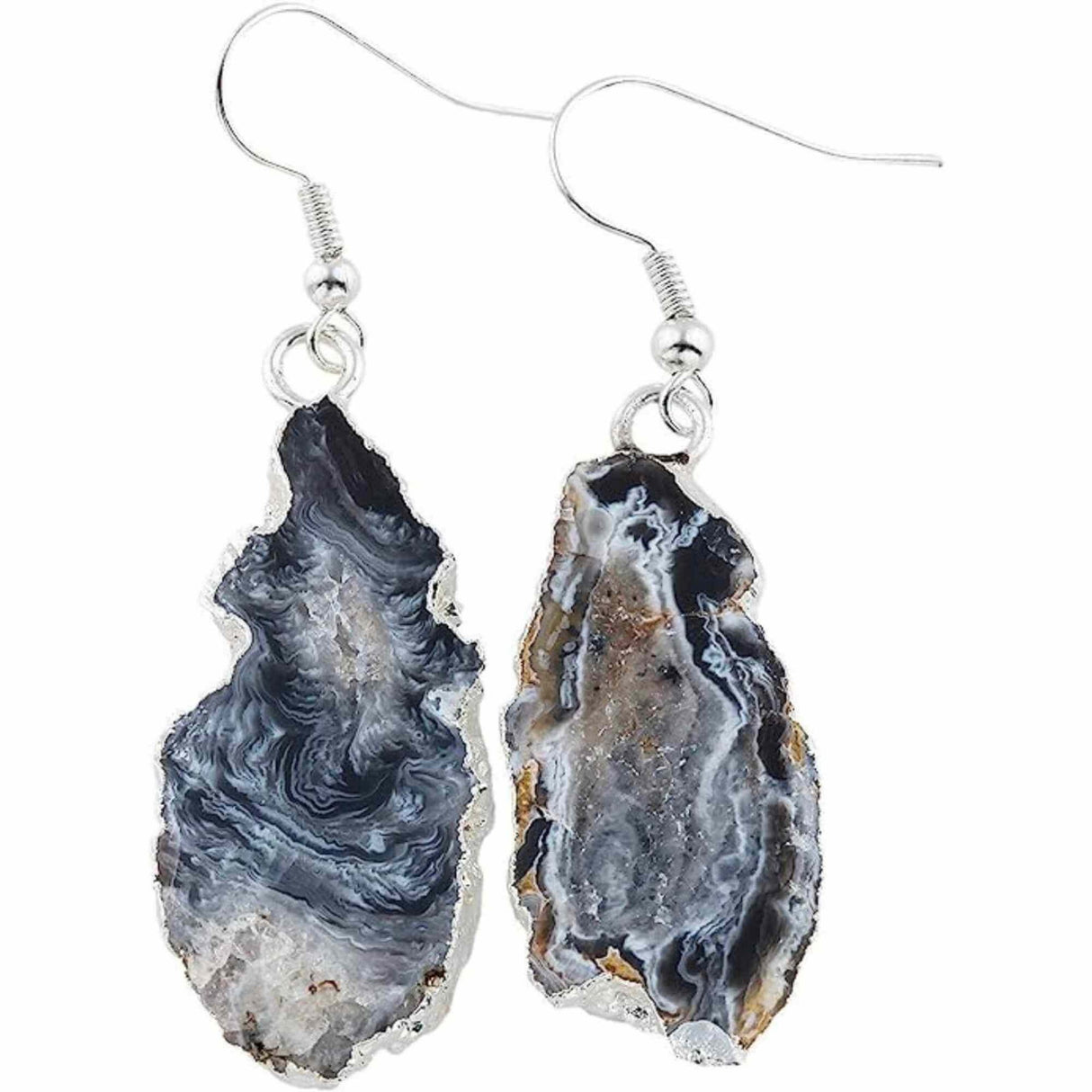 Cercei cu piatra semipretioasa naturala onyx negru forma geoda cu metal placat argintiu