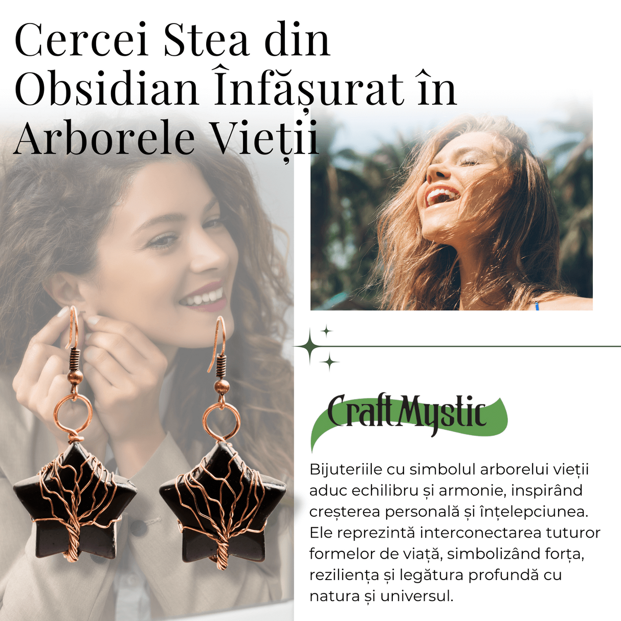 Cercei Aurii cu Piatra de Obsidian in Forma de Stea