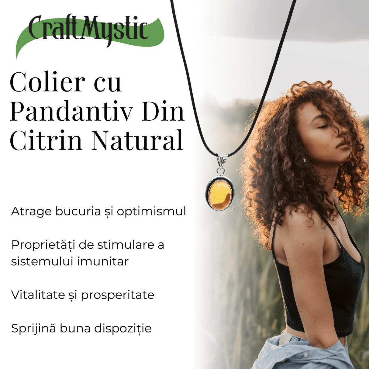 Colier Reglabil cu Pandantiv Oval din Metal Argintiu și Citrin Natural Qadri