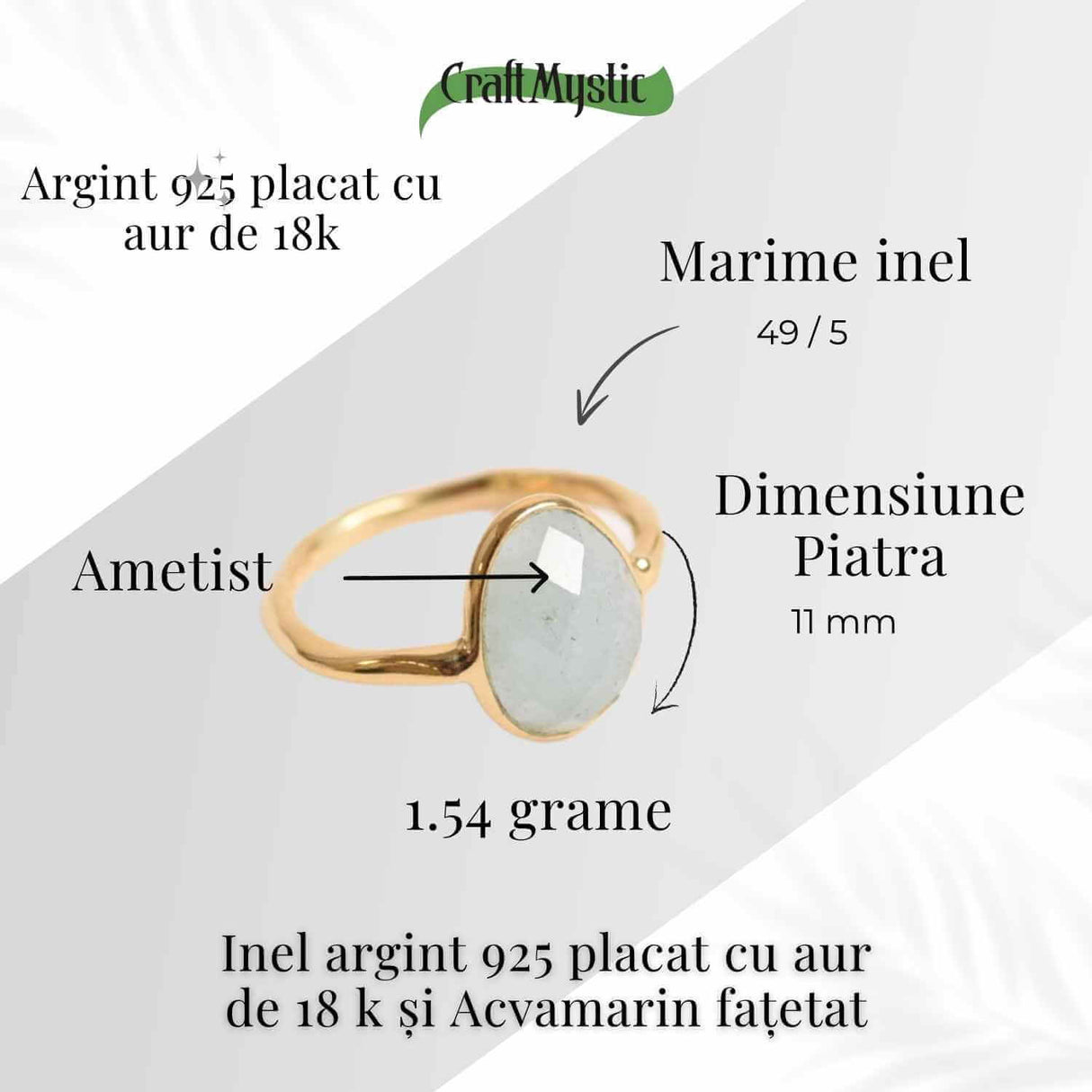 Inel cu Acvamarin Fatetat din Argint 925 placat cu Aur de 18K 1.59gr M50.5/5.5- Liniste Interioara si Claritate in Comunicarea Sufletului