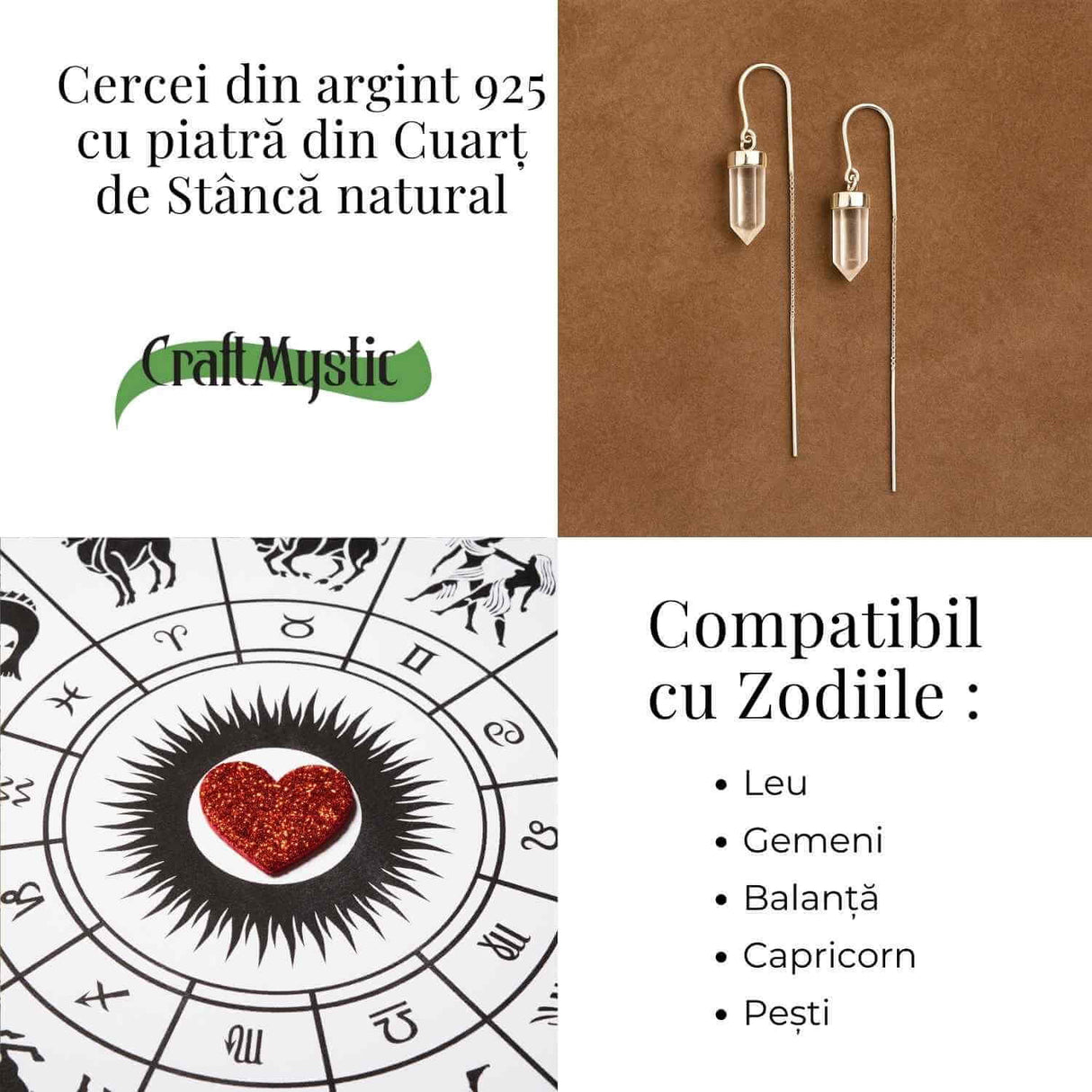 Claritate mentala si purificare - Cercei lungi din argint 925 cu Cuart de Stanca natural