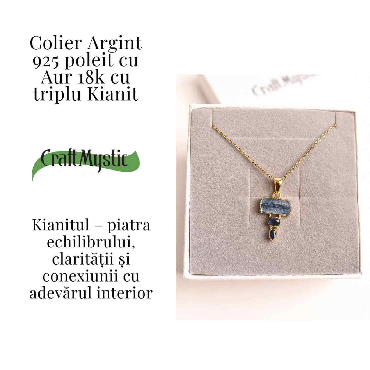 Comunicare Autentica si Echilibru - Colier inox si pandantiv argint 925 placat cu aur de18k si Triplu Kianit