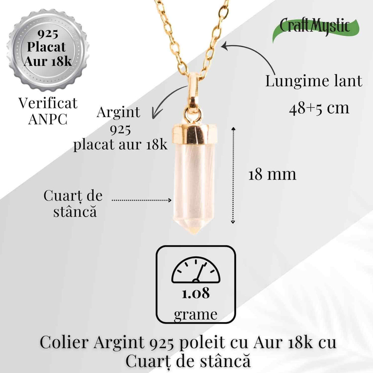 Claritate Mentala si Purificare - Colier din Argint 925 Placat cu Aur 18K cu Cuart de Stanca