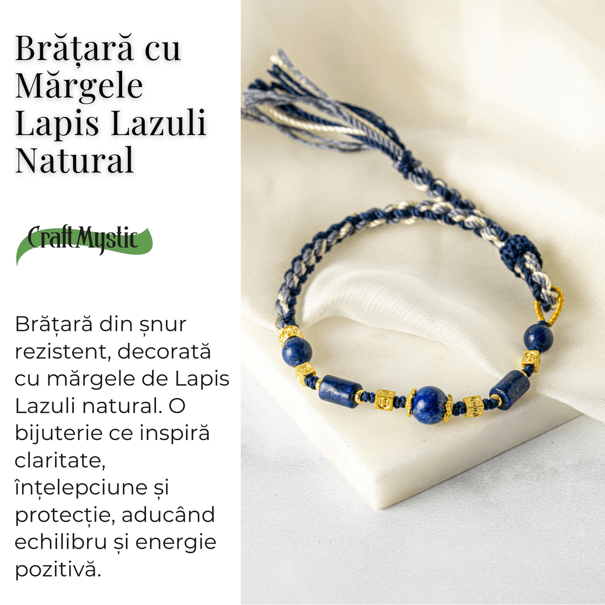 Protectie si Claritate - Bratara Impletita din Lapis Lazuli Natural, Lucrata Manual