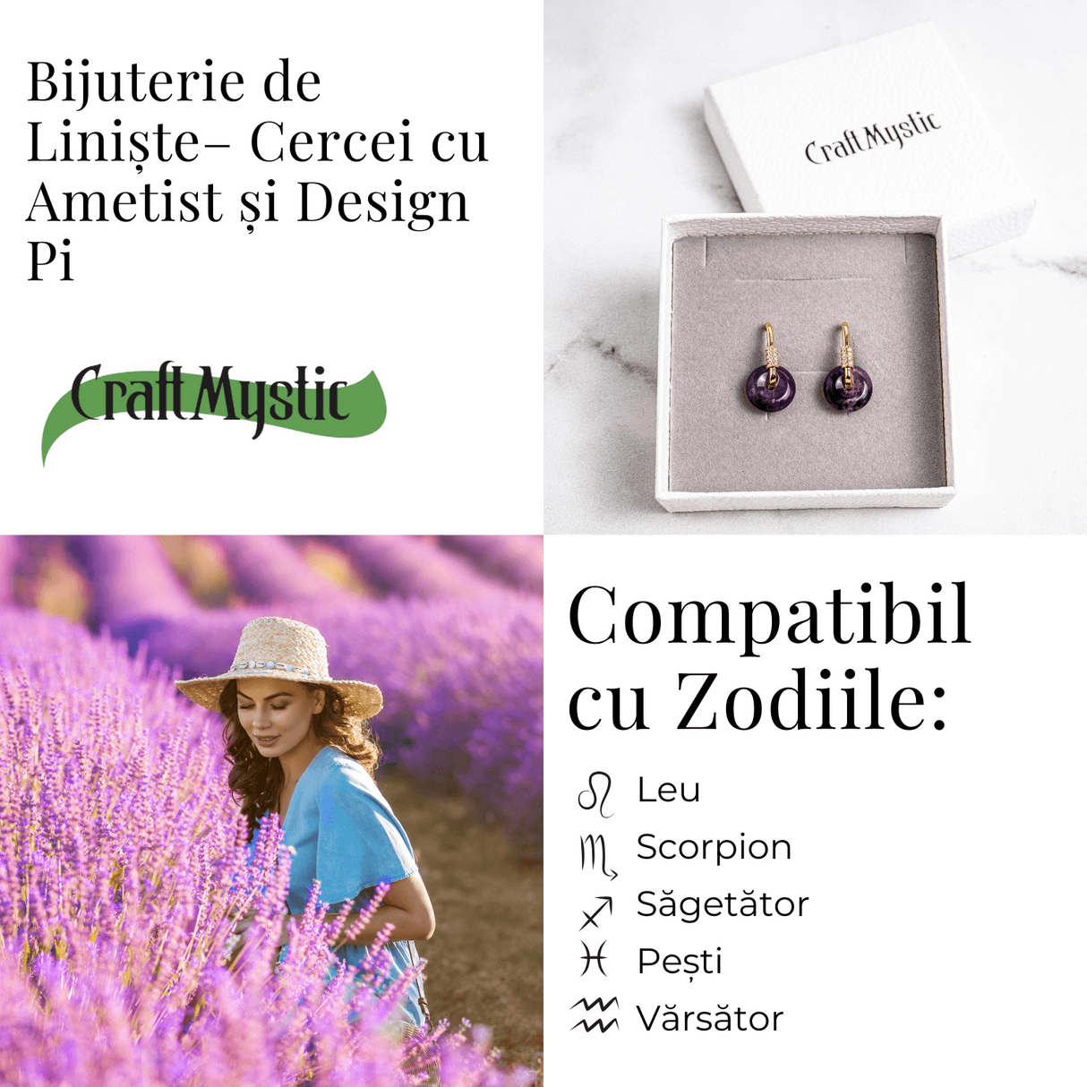 Bijuterie de Liniste - Cercei cu Ametist si design Pi