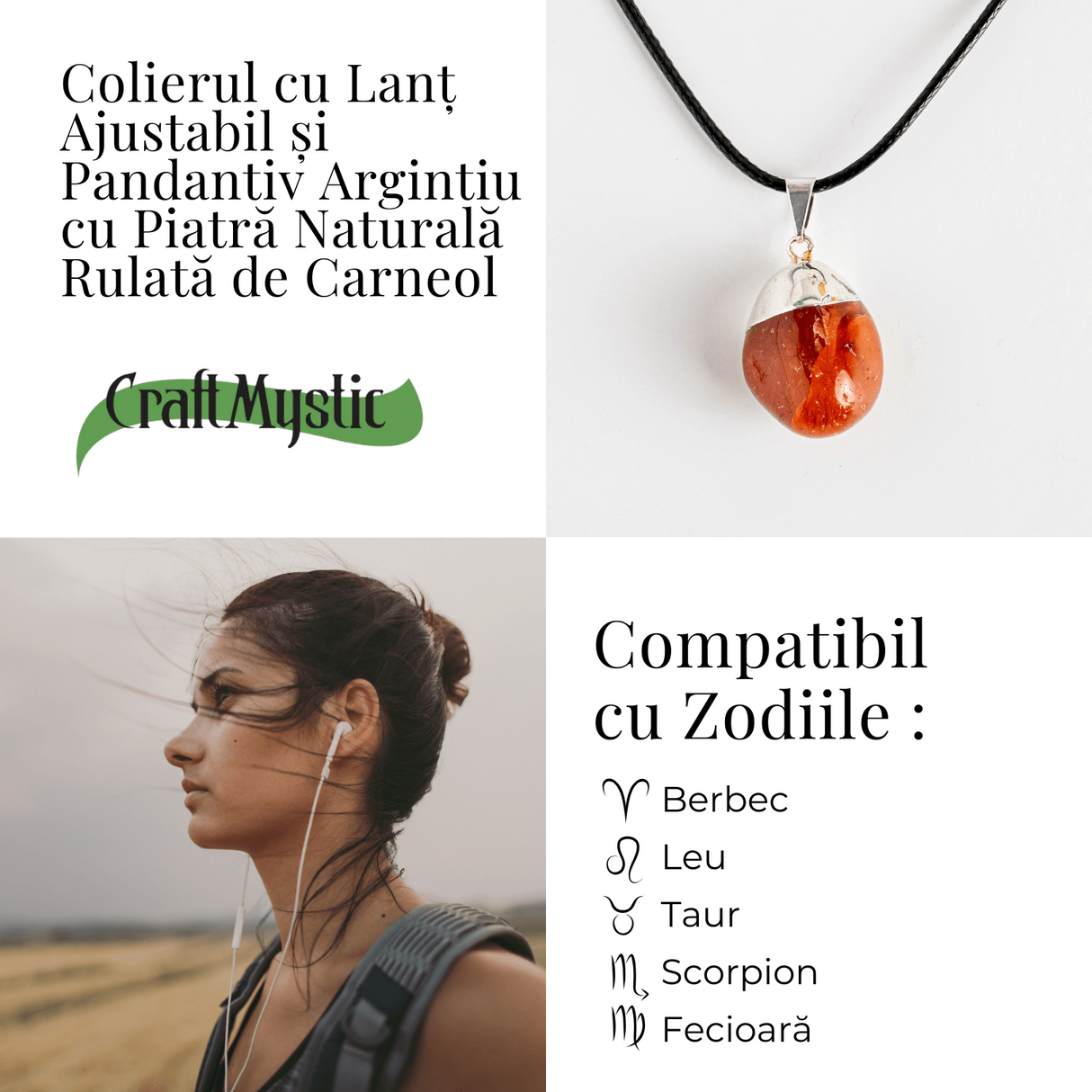 Colier cu Piatra Rulata de Carneol Natural - Energie, Creativitate si Motivare
