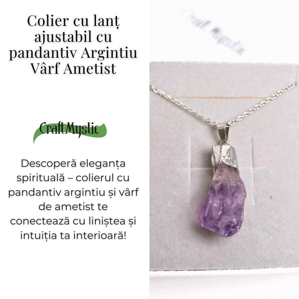 Colier argintiu cu varf de ametist brut - Calm si Eleganta Naturala
