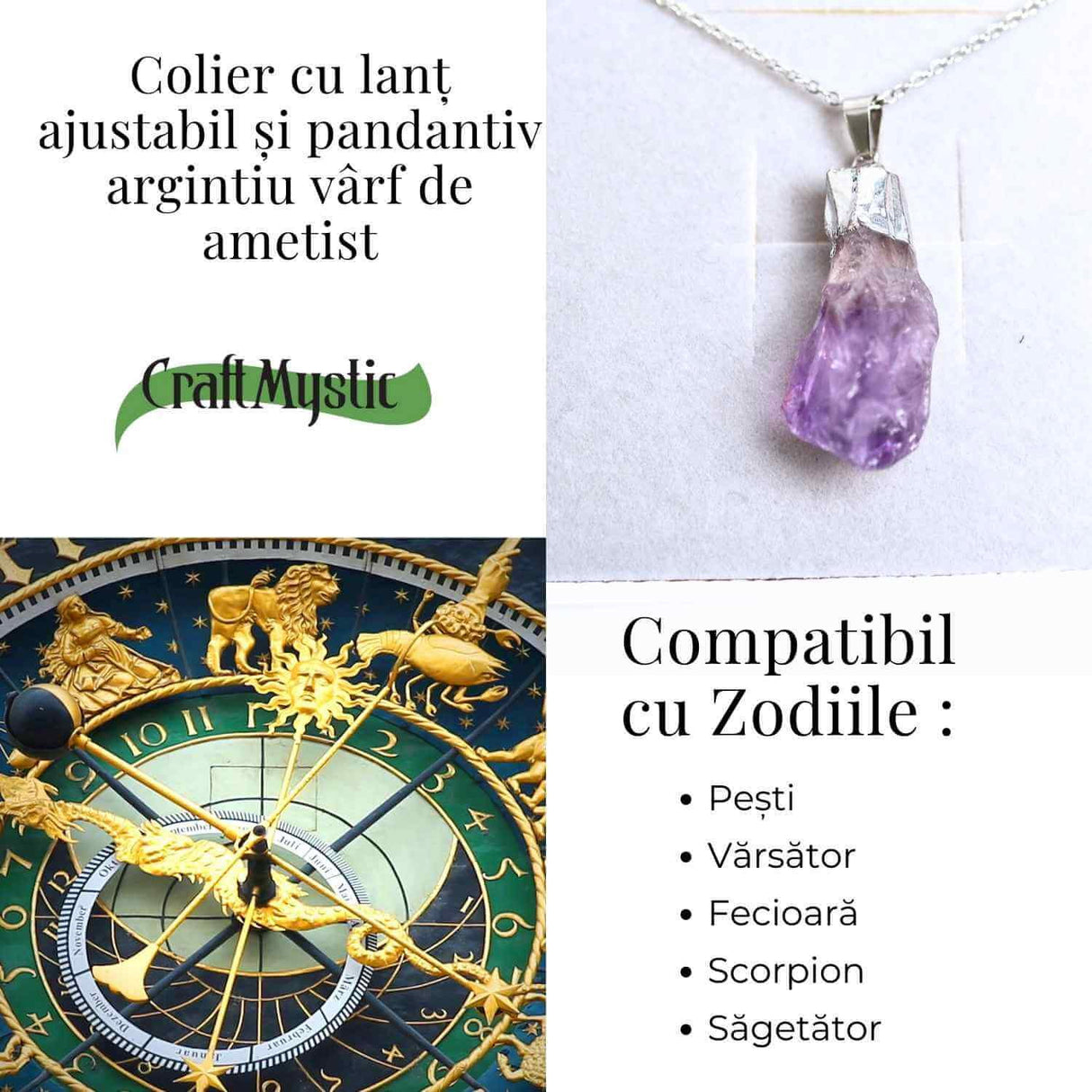 Colier argintiu cu varf de ametist brut - Calm si Eleganta Naturala