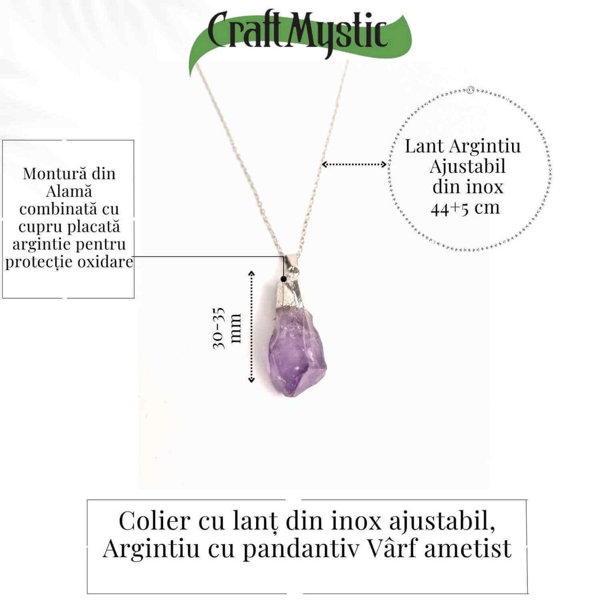 Colier argintiu cu varf de ametist brut - Calm si Eleganta Naturala