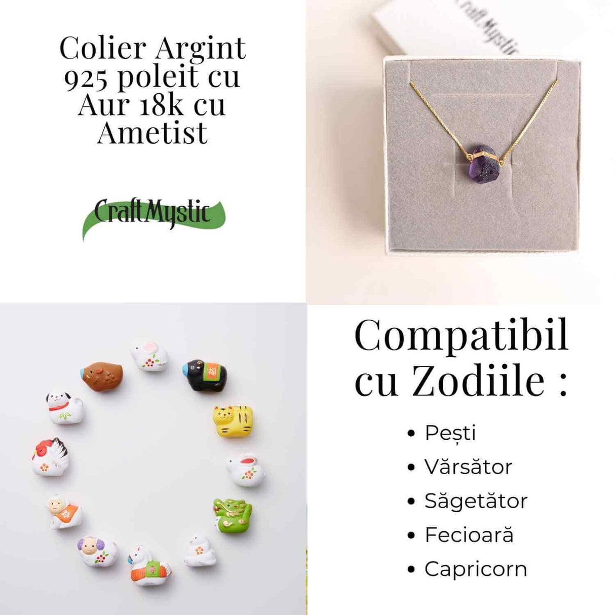 Colier Ametist Brut din Argint 925 Placat cu Aur 18K - Claritate Mentala si Liniste Interioara
