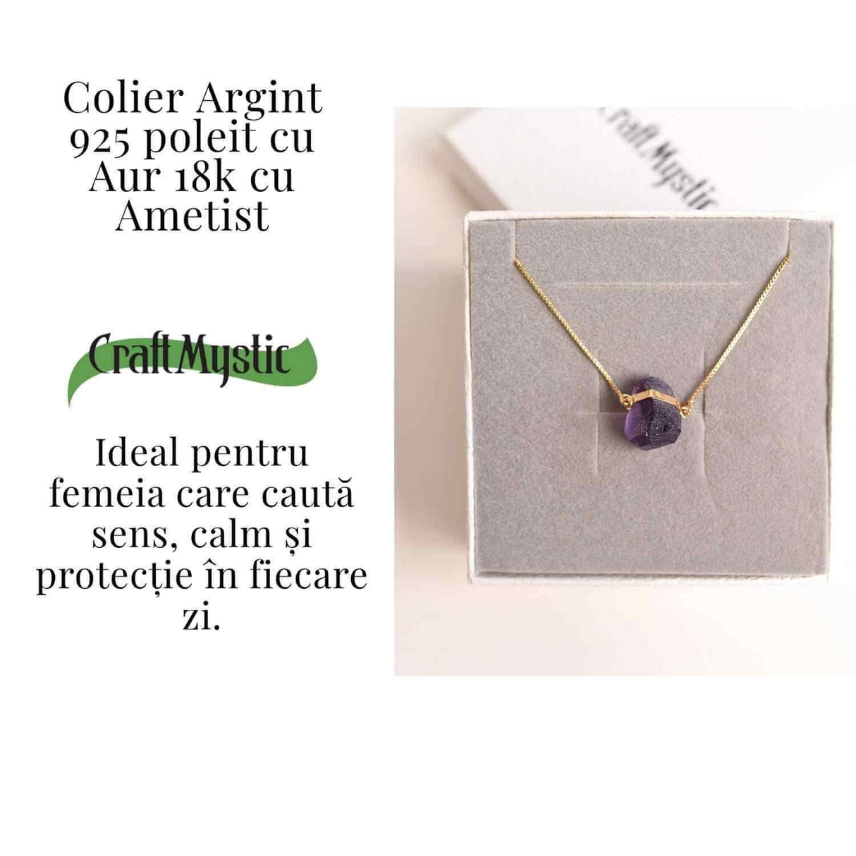 Colier Ametist Brut din Argint 925 Placat cu Aur 18K - Claritate Mentala si Liniste Interioara
