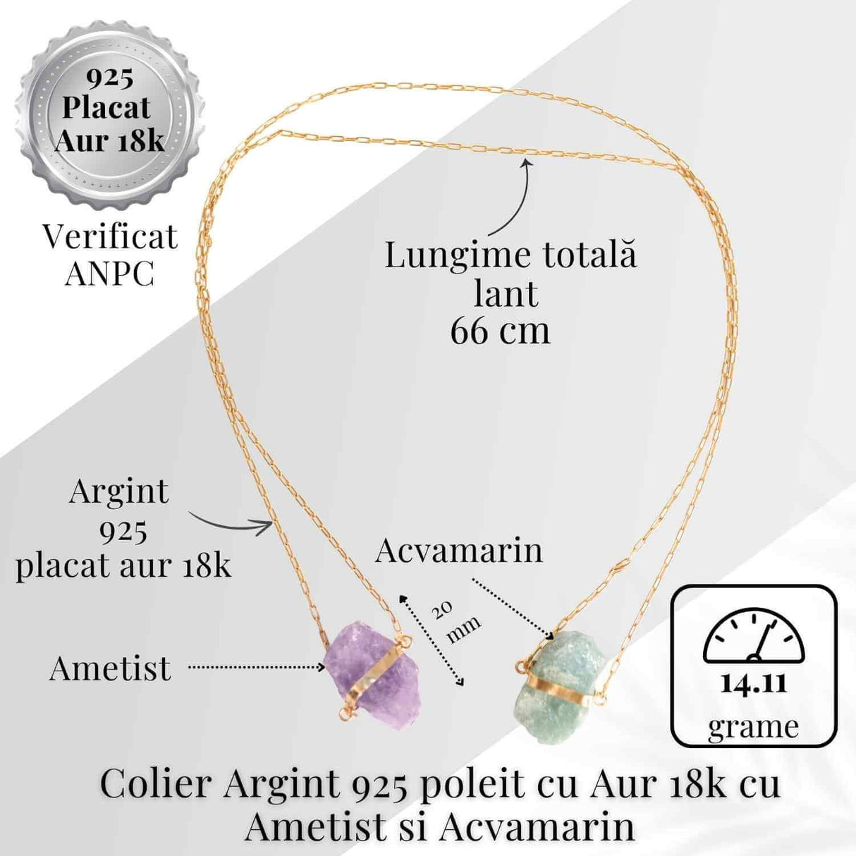 Colier Ametist si Acvamarin Brut din Argint 925 Placat cu Aur 18K - Echilibru Emotional si Claritate Mentala