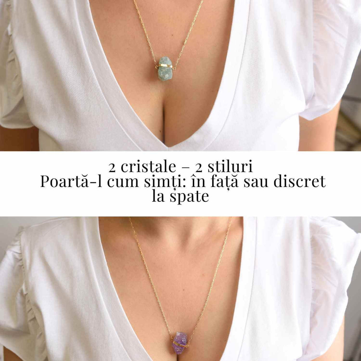 Colier Ametist si Acvamarin Brut din Argint 925 Placat cu Aur 18K - Echilibru Emotional si Claritate Mentala