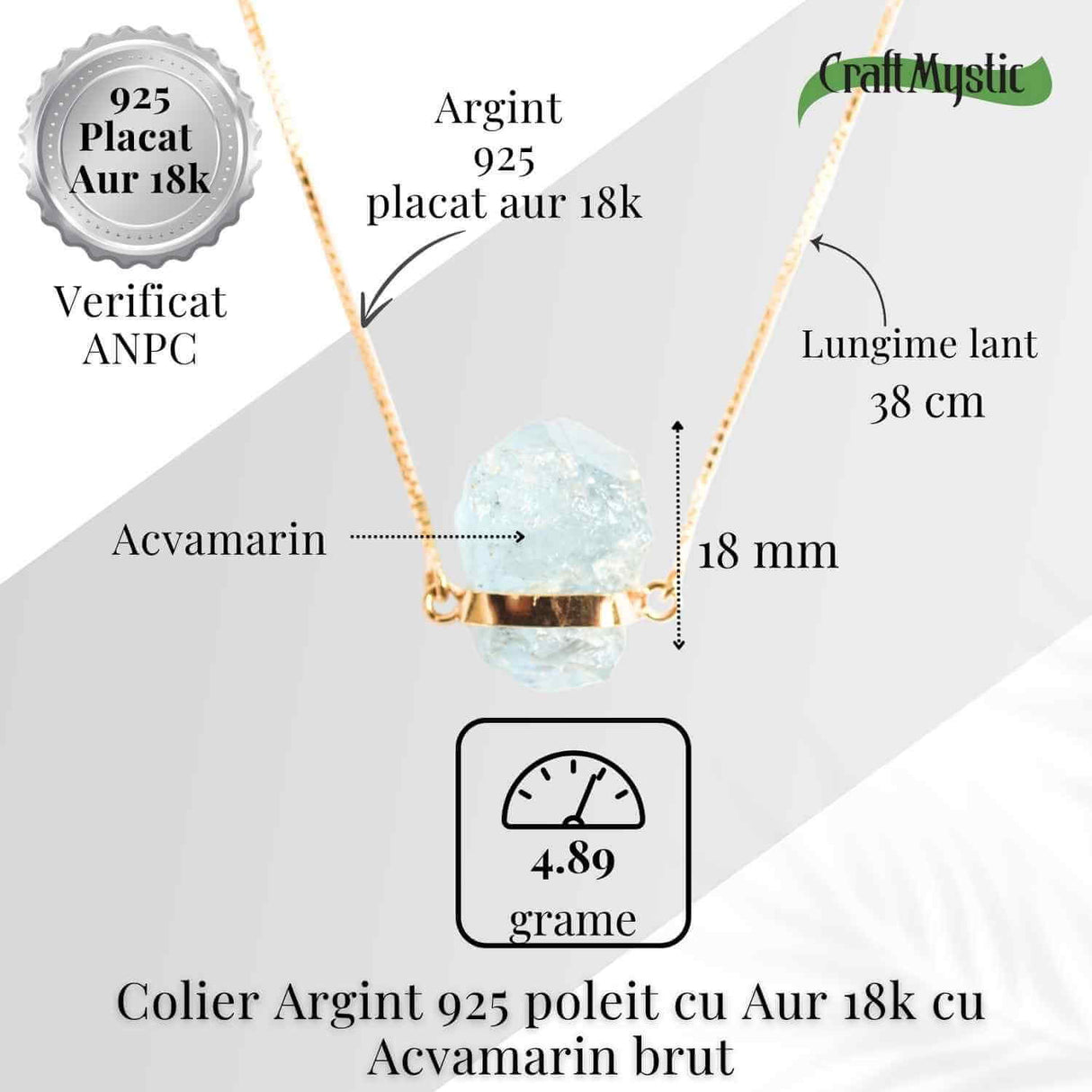 Calm Interior si Comunicare Clara - Colier din Argint 925 Placat cu Aur 18K cu Acvamarin