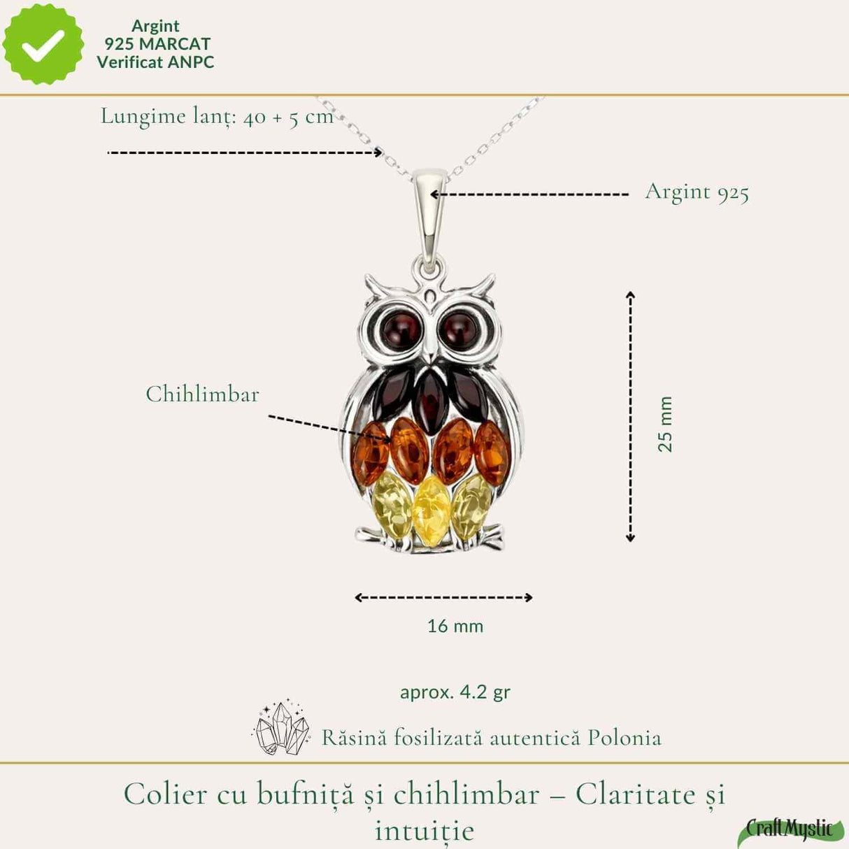 Colier argint 925 Bufnita 3 culori cu chihlimbar natural - Claritate si energie