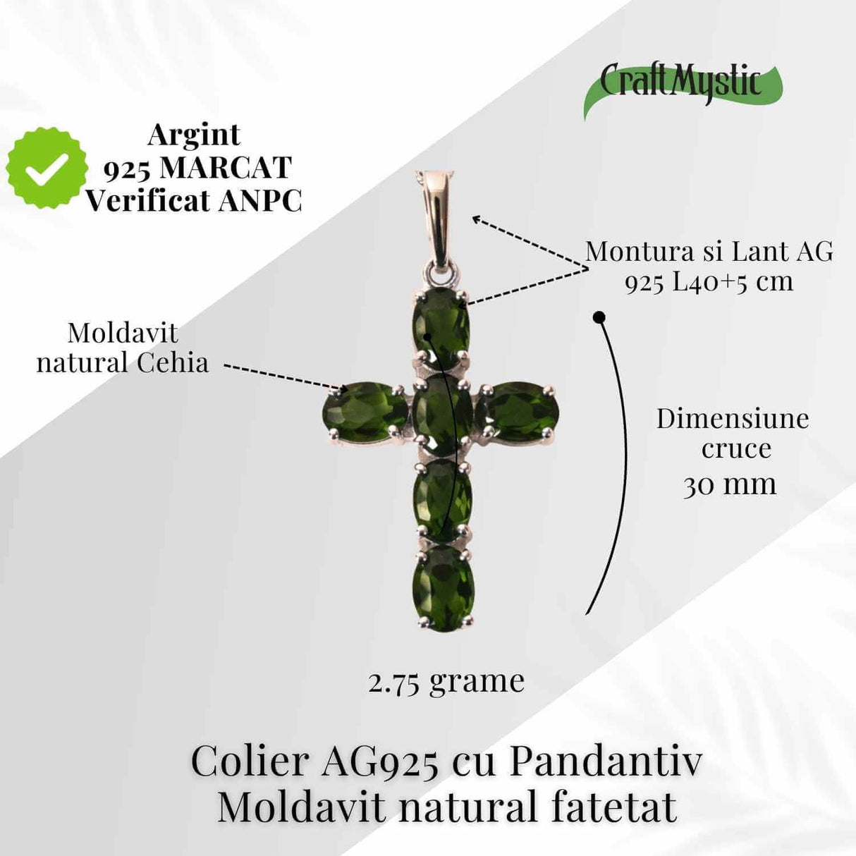 Colier cruce din Argint 925 rodiat cu Moldavit natural fatetat - protectie energetica si intuitie