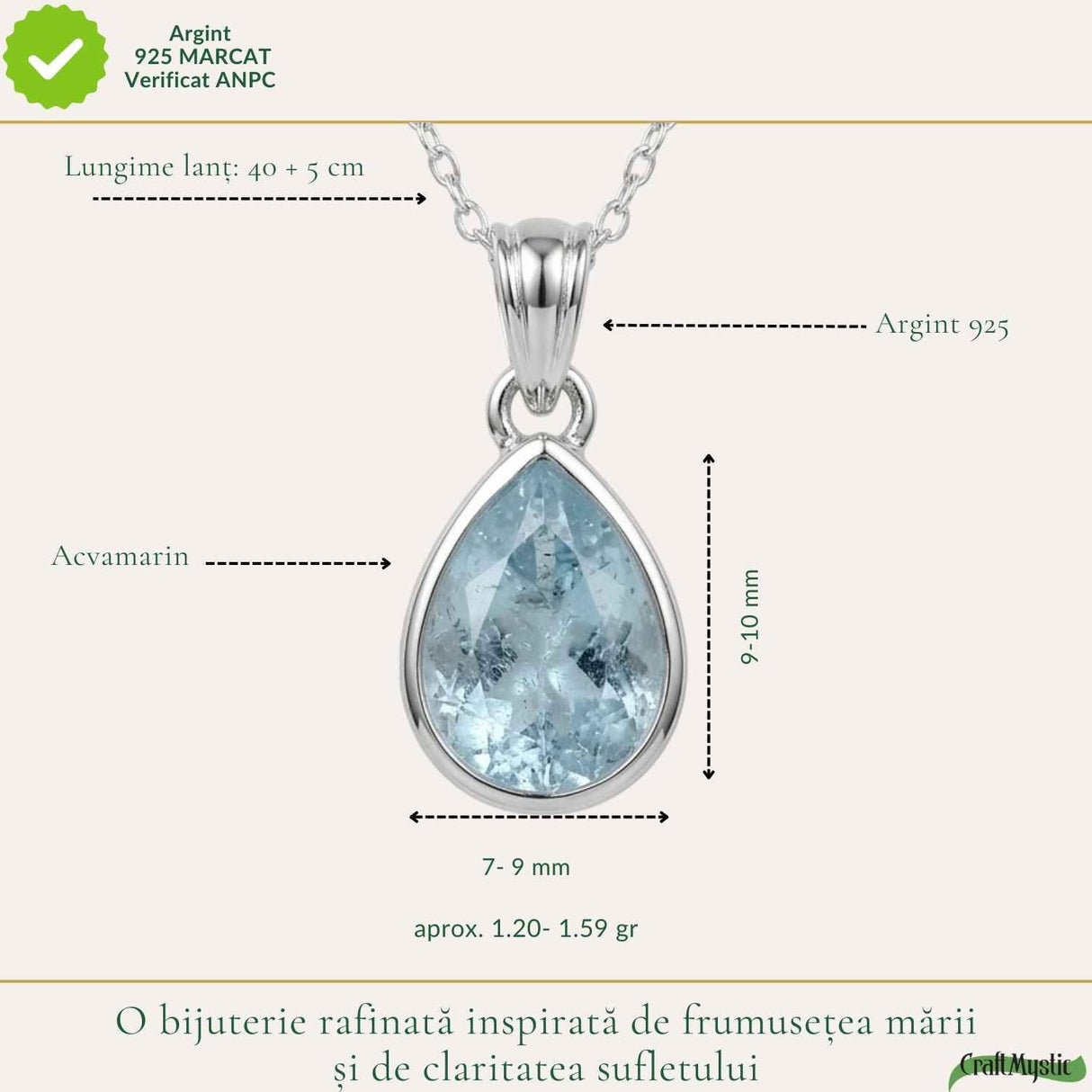 Colier Argint 925 cu Acvamarin Lacrima Fatetat – Claritate si Calm Interior